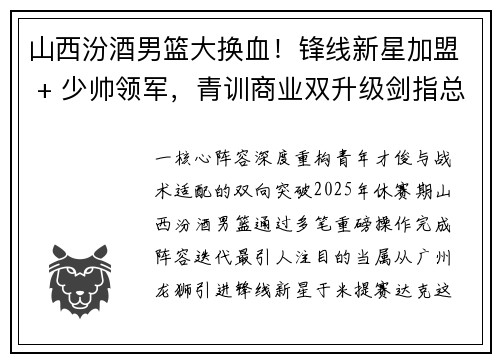 山西汾酒男篮大换血！锋线新星加盟 + 少帅领军，青训商业双升级剑指总冠军