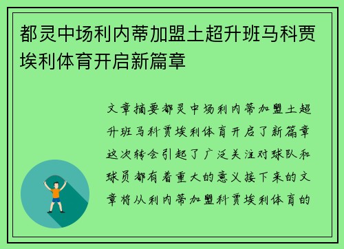 都灵中场利内蒂加盟土超升班马科贾埃利体育开启新篇章