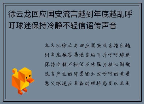徐云龙回应国安流言越到年底越乱呼吁球迷保持冷静不轻信谣传声音